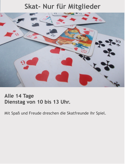 Skat- Nur für Mitglieder Alle 14 Tage Dienstag von 10 bis 13 Uhr.  Mit Spaß und Freude dreschen die Skatfreunde ihr Spiel.